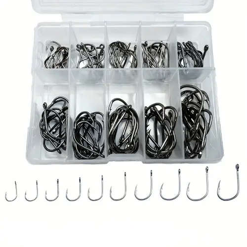 100 Pcs High Carbon Steel Overturned Fishing Hooks Sport Circle Hooks with Tackle Box for Freshwater