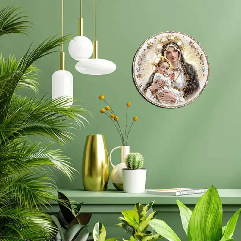 1pc 2D Flat Print Round Aluminum Sign Wall art Vintage Metal Sign Virgin Mary Themed for Bar Kitchen