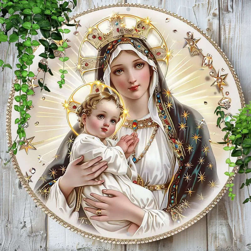 1pc 2D Flat Print Round Aluminum Sign Wall art Vintage Metal Sign Virgin Mary Themed for Bar Kitchen