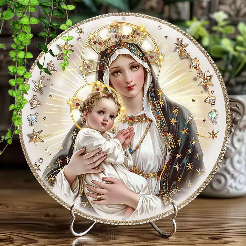 1pc 2D Flat Print Round Aluminum Sign Wall art Vintage Metal Sign Virgin Mary Themed for Bar Kitchen
