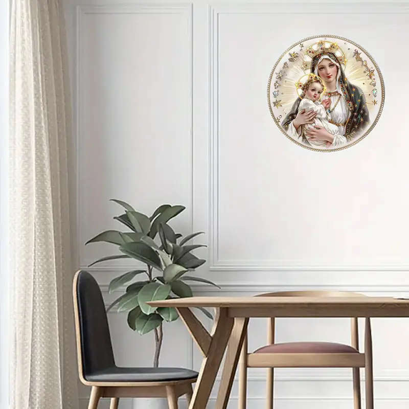 1pc 2D Flat Print Round Aluminum Sign Wall art Vintage Metal Sign Virgin Mary Themed for Bar Kitchen