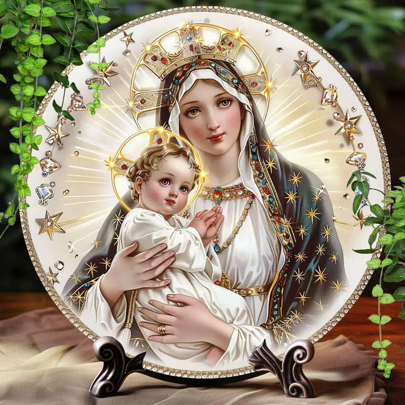 1pc 2D Flat Print Round Aluminum Sign Wall art Vintage Metal Sign Virgin Mary Themed for Bar Kitchen