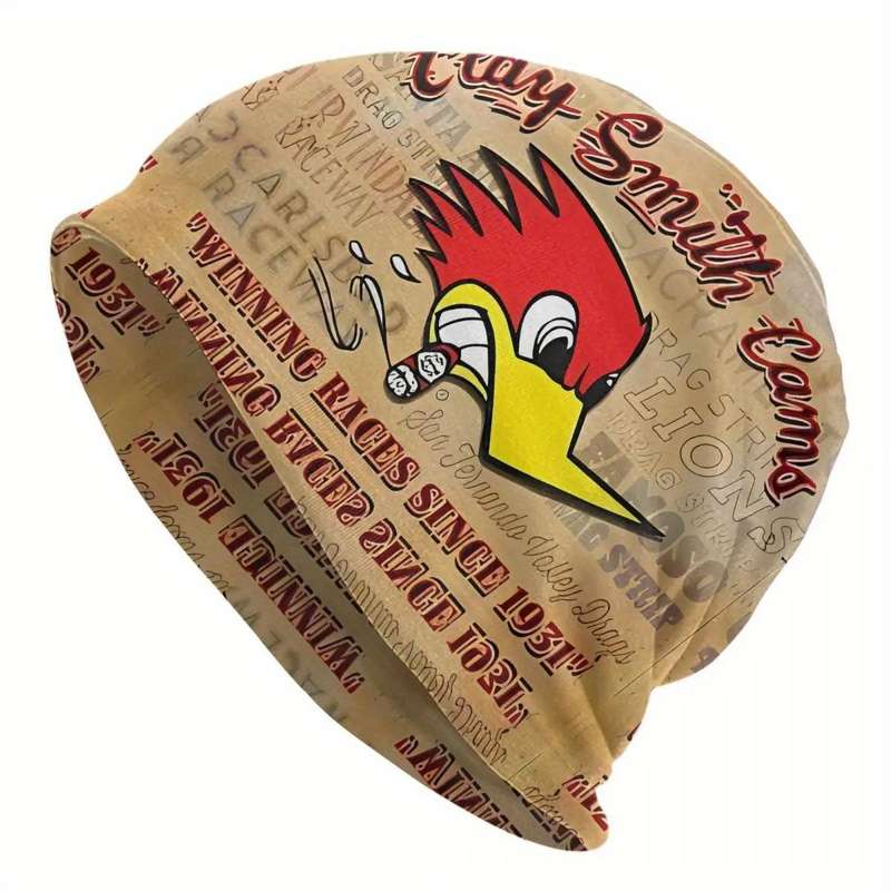 1pc Vintage Woodpecker Graphic Beanie for Men Street Style Knit Hat with Comfort Stretch Polyeste