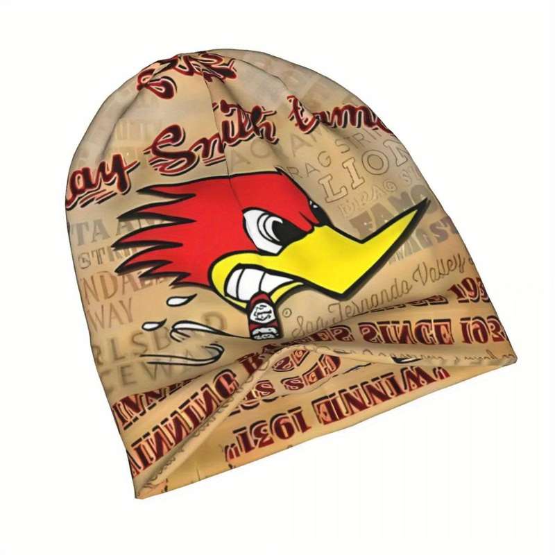 1pc Vintage Woodpecker Graphic Beanie for Men Street Style Knit Hat with Comfort Stretch Polyeste