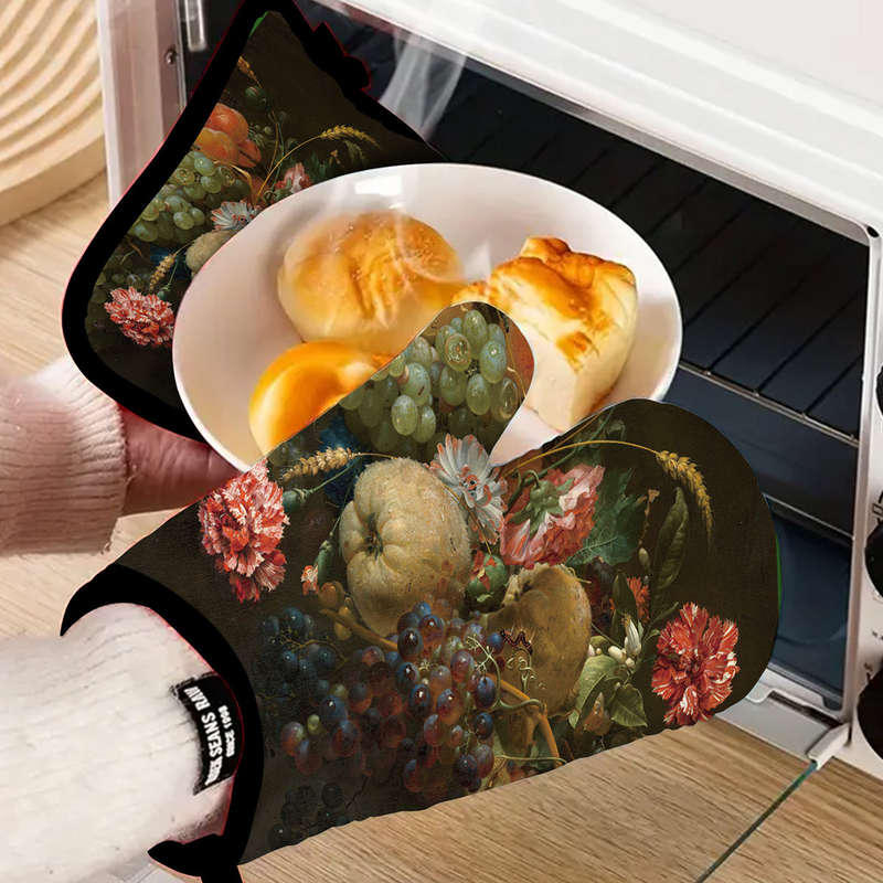 2pcs Insulated Gloves Set Microwave Kitchen Heat-Resistant Oven Mitts with Thickened Grid