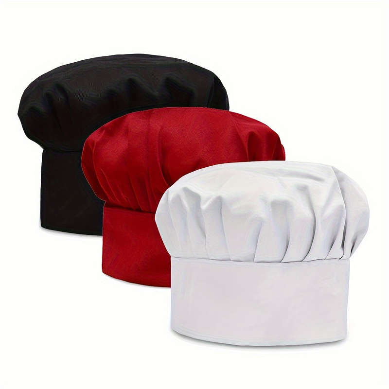 3-Pack Unisex Chef Hats Adjustable Elastic Kitchen Cooking Caps with Toggle Closure Breathabl