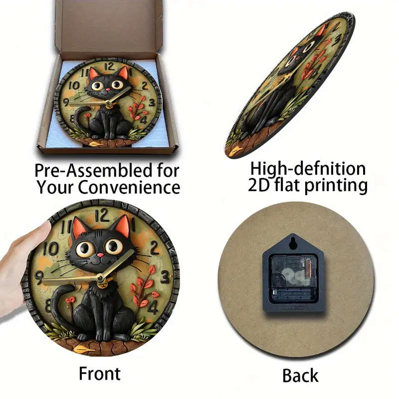 1pc Silent Round Wall Clock with Quartz Movement 8inch Wood Fiber Art Decor with Black Cat Design fo