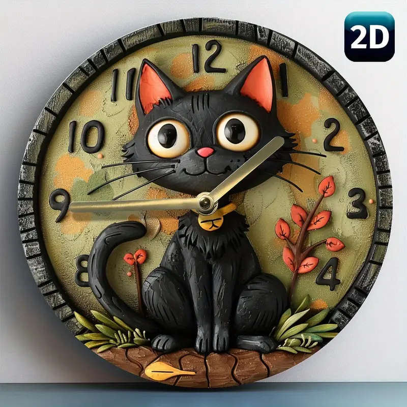 1pc Silent Round Wall Clock with Quartz Movement 8inch Wood Fiber Art Decor with Black Cat Design fo