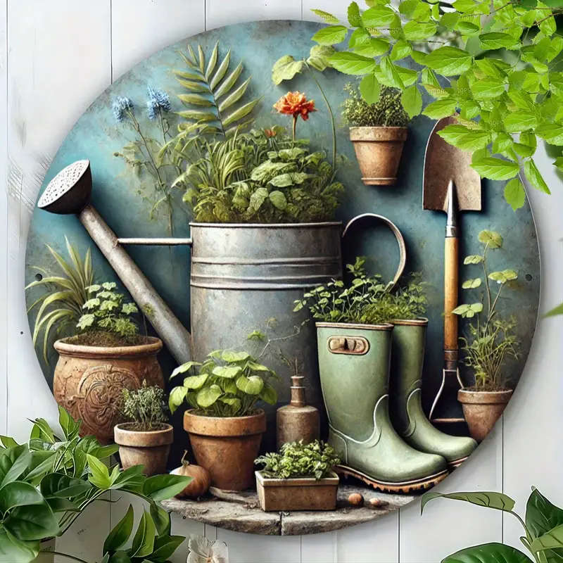 1pc Vintage Garden Tools Potted Plants Metal Sign 19.81x19.81cm Indoor Outdoor Decor for Home Garden