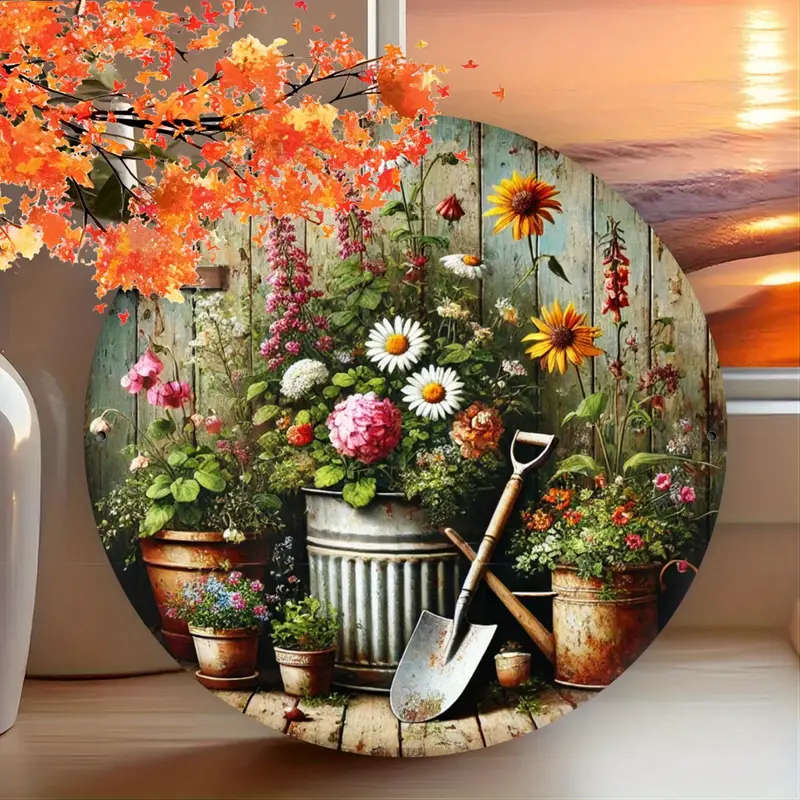 1pc Rustic Garden Charm 20.32x20.32cm Round Metal Wall Sign Vintage Floral  Gardening Tools Design w