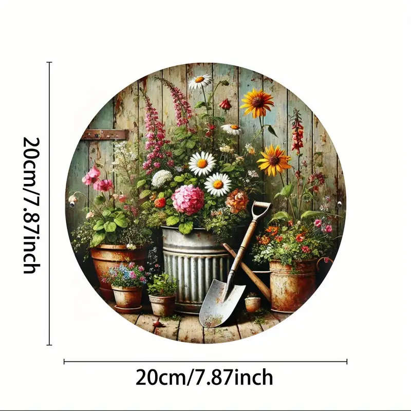 1pc Rustic Garden Charm 20.32x20.32cm Round Metal Wall Sign Vintage Floral  Gardening Tools Design w