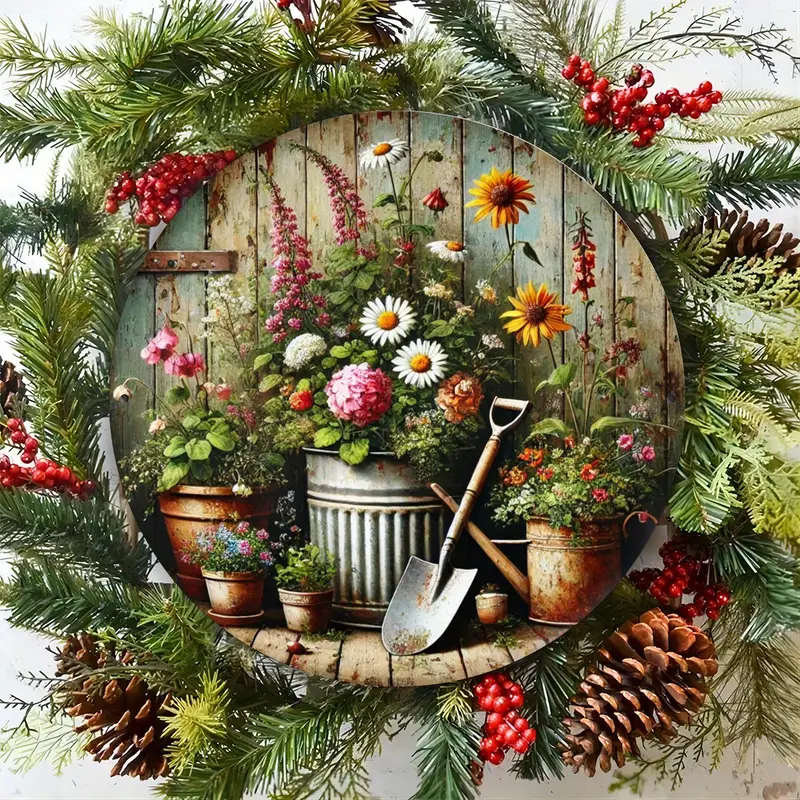 1pc Rustic Garden Charm 20.32x20.32cm Round Metal Wall Sign Vintage Floral  Gardening Tools Design w