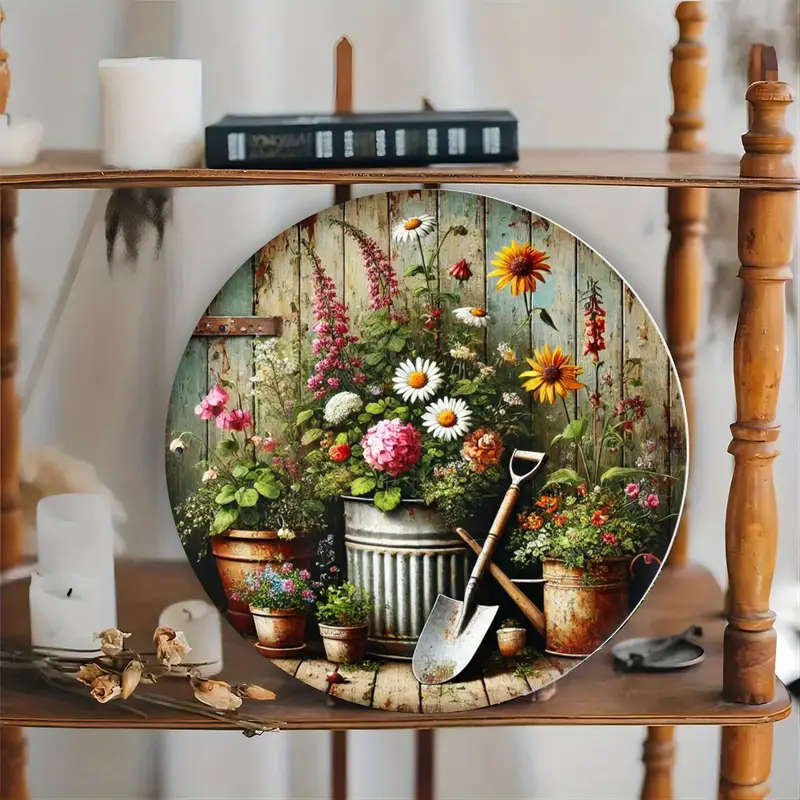 1pc Rustic Garden Charm 20.32x20.32cm Round Metal Wall Sign Vintage Floral  Gardening Tools Design w
