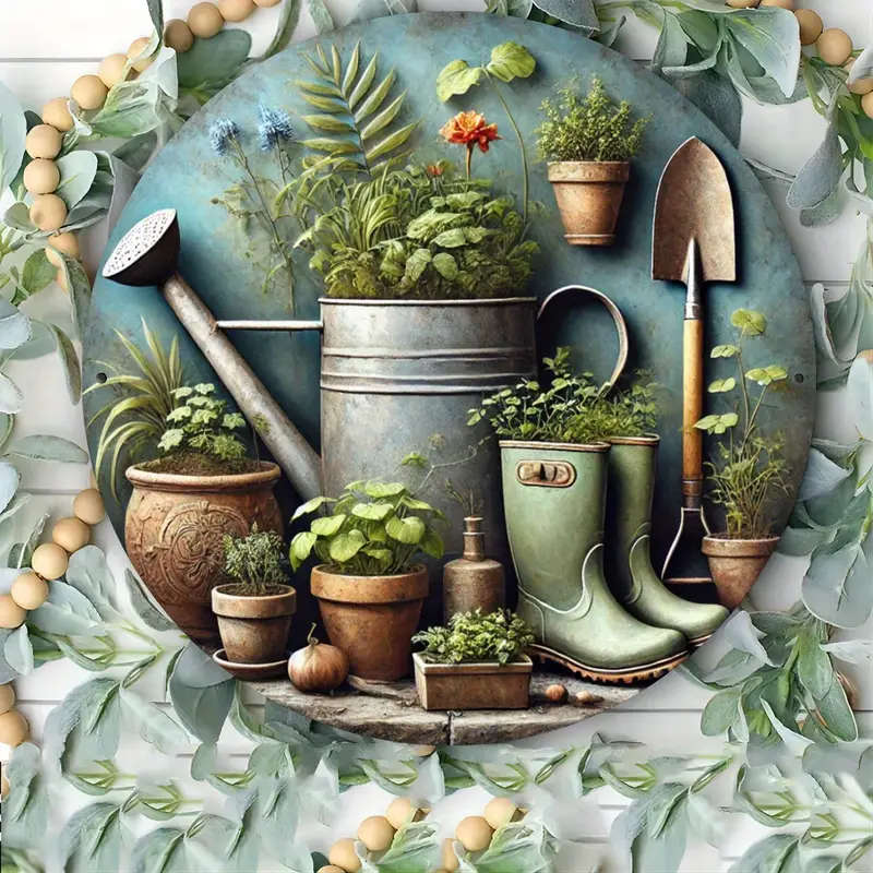 1pc Vintage Garden Tools Potted Plants Metal Sign 19.81x19.81cm Indoor Outdoor Decor for Home Garden