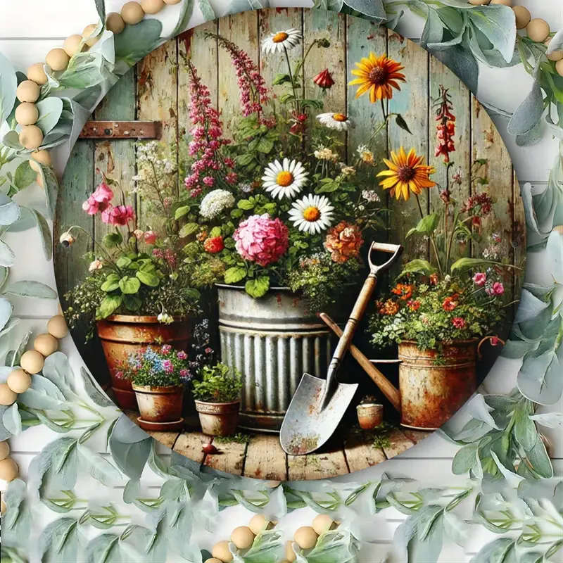 1pc Rustic Garden Charm 20.32x20.32cm Round Metal Wall Sign Vintage Floral  Gardening Tools Design w