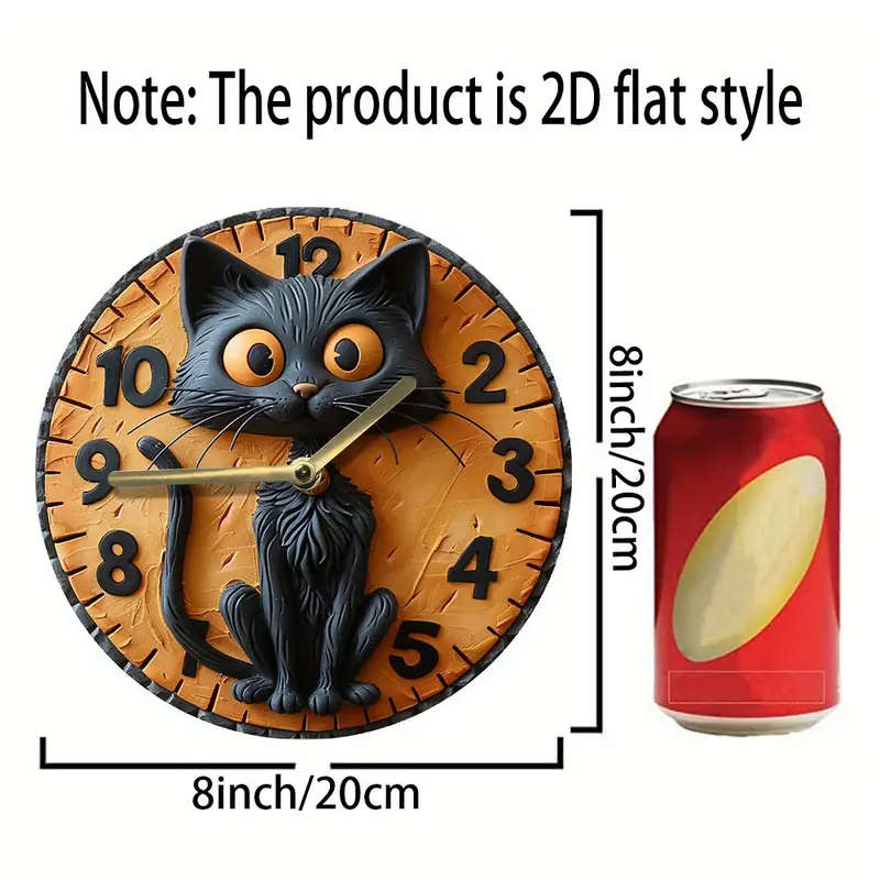 1pc Silent Round Wall Clock with Quartz Movement 8inch Wood Fiber Art Decor with Black Cat Design fo