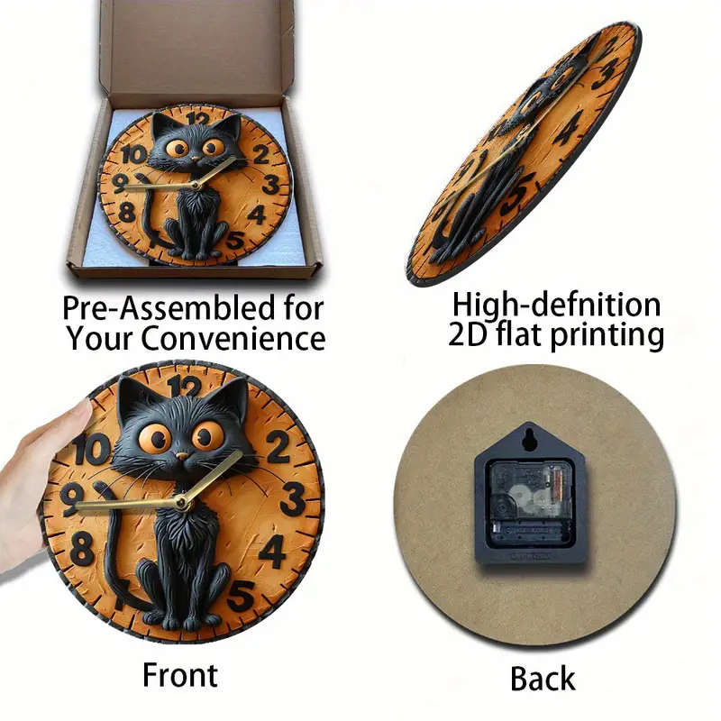 1pc Silent Round Wall Clock with Quartz Movement 8inch Wood Fiber Art Decor with Black Cat Design fo