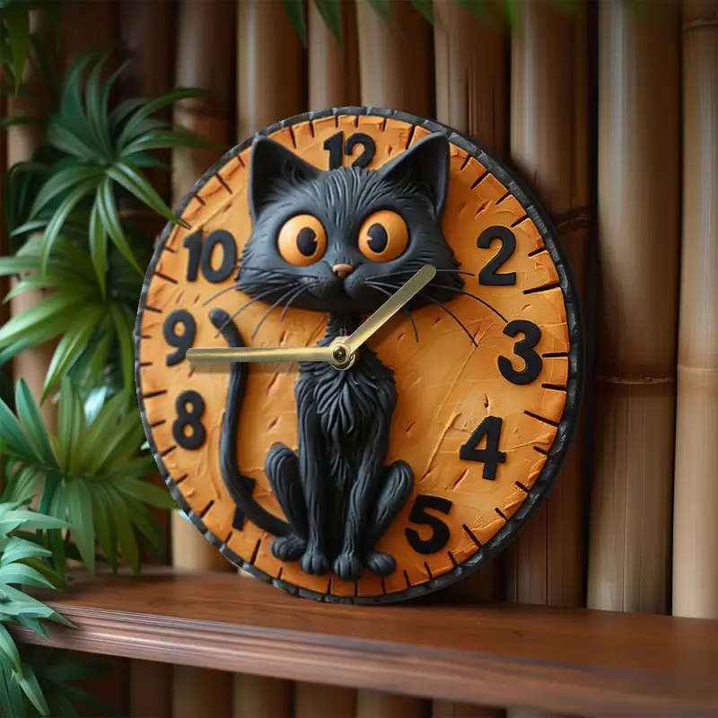 1pc Silent Round Wall Clock with Quartz Movement 8inch Wood Fiber Art Decor with Black Cat Design fo
