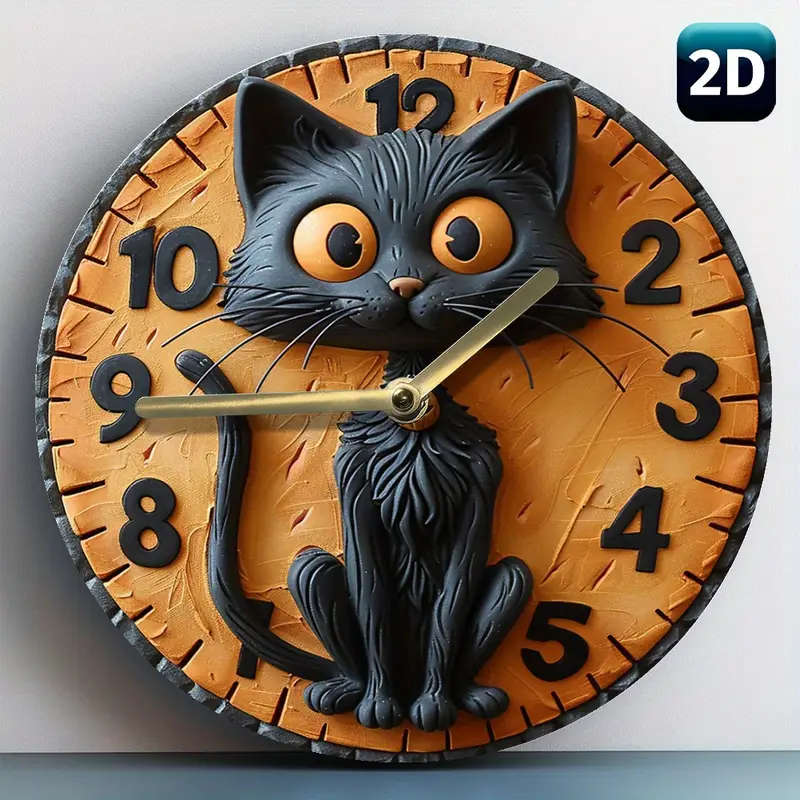 1pc Silent Round Wall Clock with Quartz Movement 8inch Wood Fiber Art Decor with Black Cat Design fo