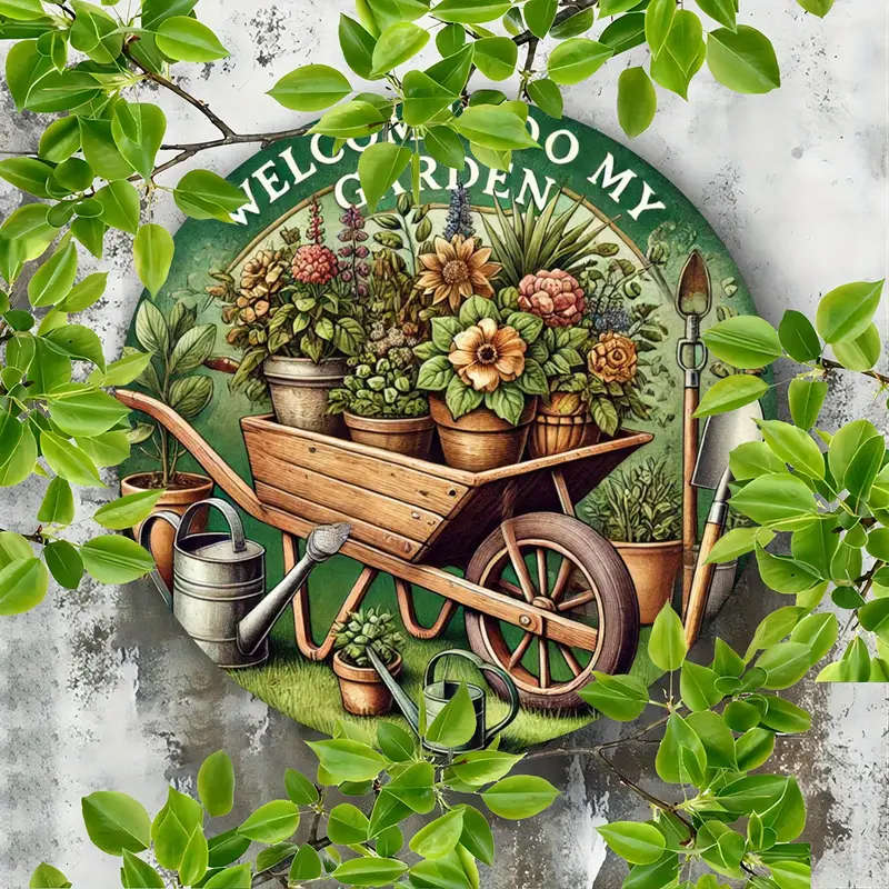 1pc Iron Garden Welcome Sign Plaque 19.81cm Round 2D Flat Printed Metal Sign for Home Decor Welcome