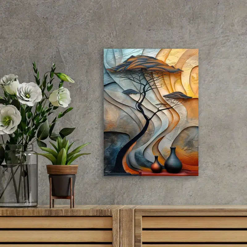 1pc Abstract African-Inspired Canvas Art with Tree Vase Design Wooden Frame Perfect for Living Room