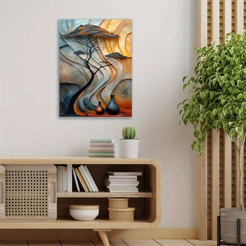 1pc Abstract African-Inspired Canvas Art with Tree Vase Design Wooden Frame Perfect for Living Room