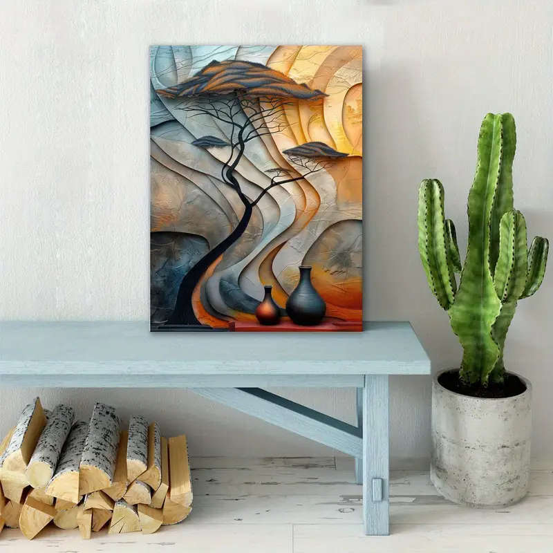 1pc Abstract African-Inspired Canvas Art with Tree Vase Design Wooden Frame Perfect for Living Room