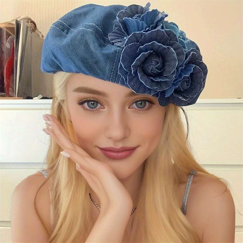 1pc Autumn Winter Unique Color Block 3D Flower Denim Beret Hat for Women Trendy Fashionable Face-Sl