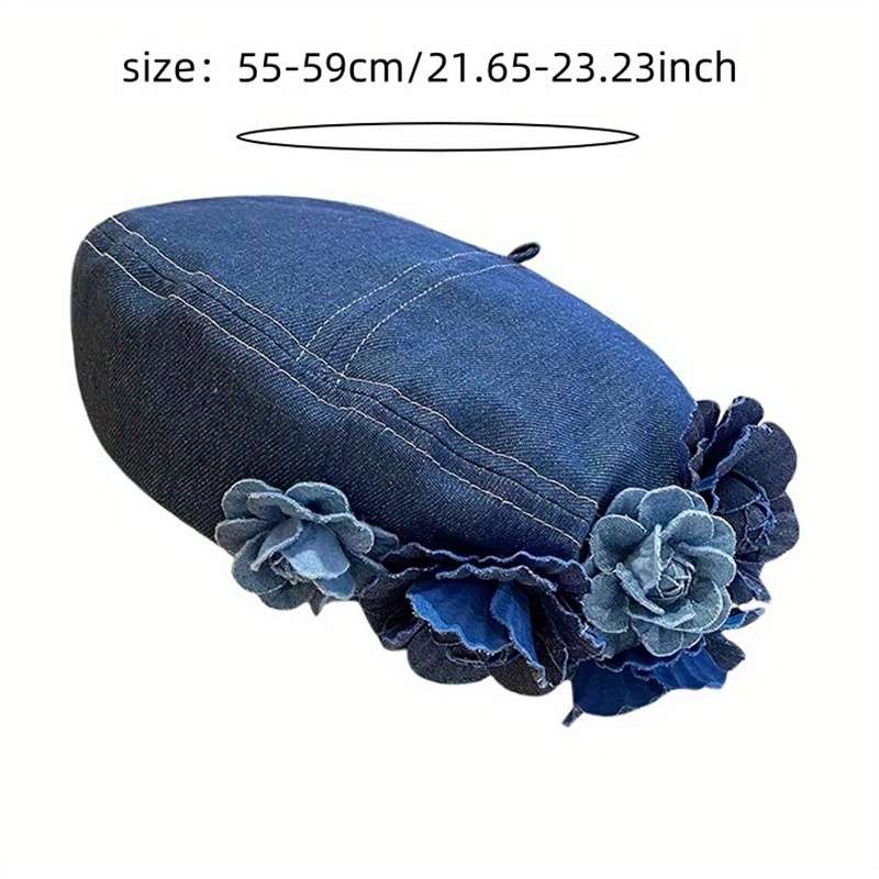 1pc Autumn Winter Unique Color Block 3D Flower Denim Beret Hat for Women Trendy Fashionable Face-Sl