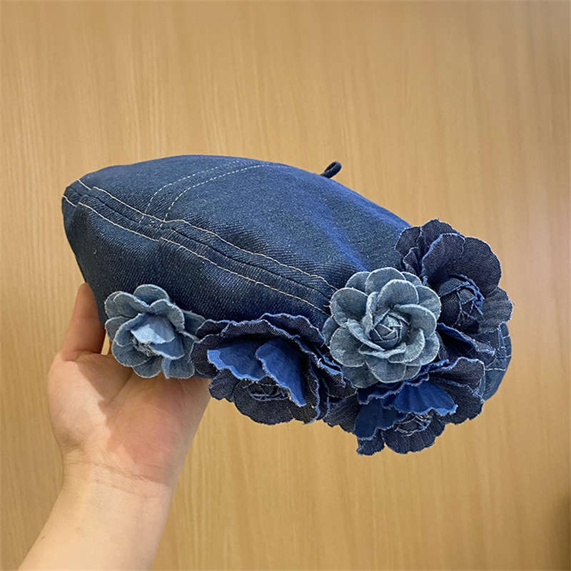 1pc Autumn Winter Unique Color Block 3D Flower Denim Beret Hat for Women Trendy Fashionable Face-Sl