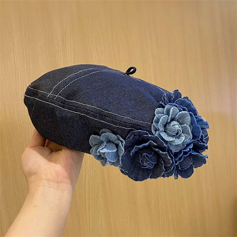 1pc Autumn Winter Unique Color Block 3D Flower Denim Beret Hat for Women Trendy Fashionable Face-Sl