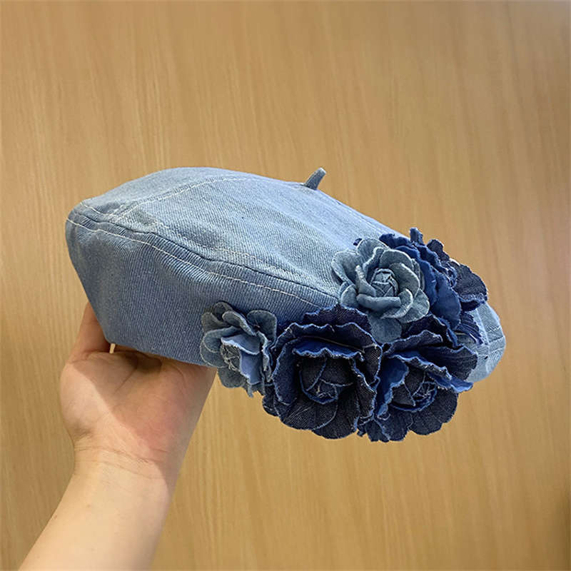 1pc Autumn Winter Unique Color Block 3D Flower Denim Beret Hat for Women Trendy Fashionable Face-Sl