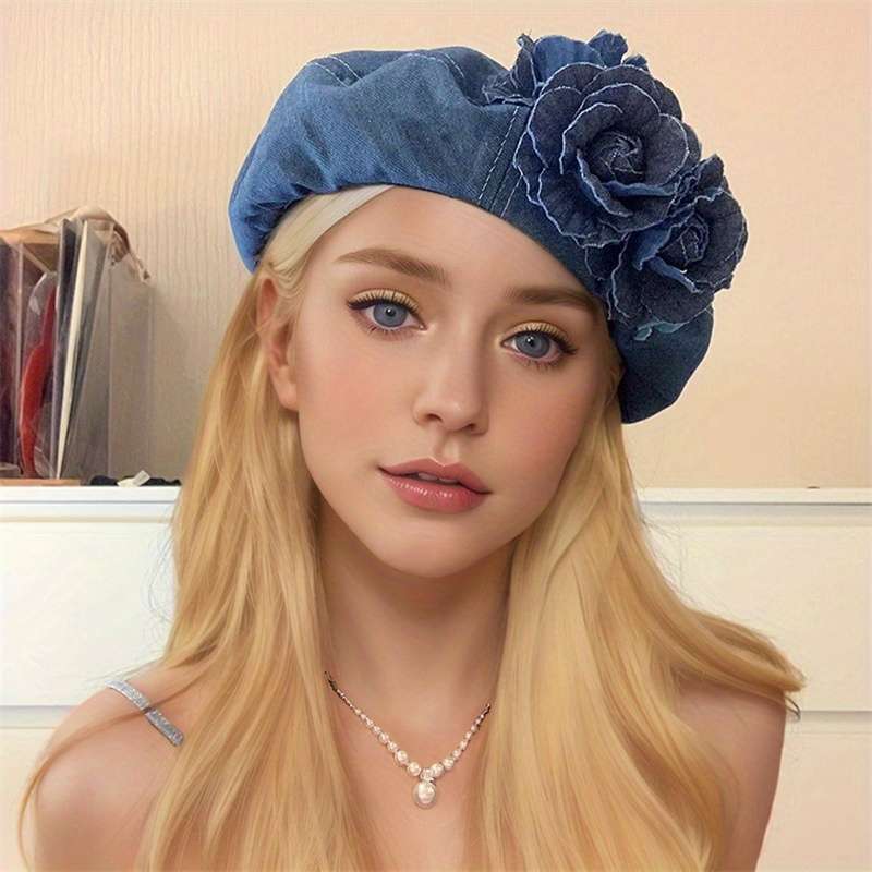 1pc Autumn Winter Unique Color Block 3D Flower Denim Beret Hat for Women Trendy Fashionable Face-Sl