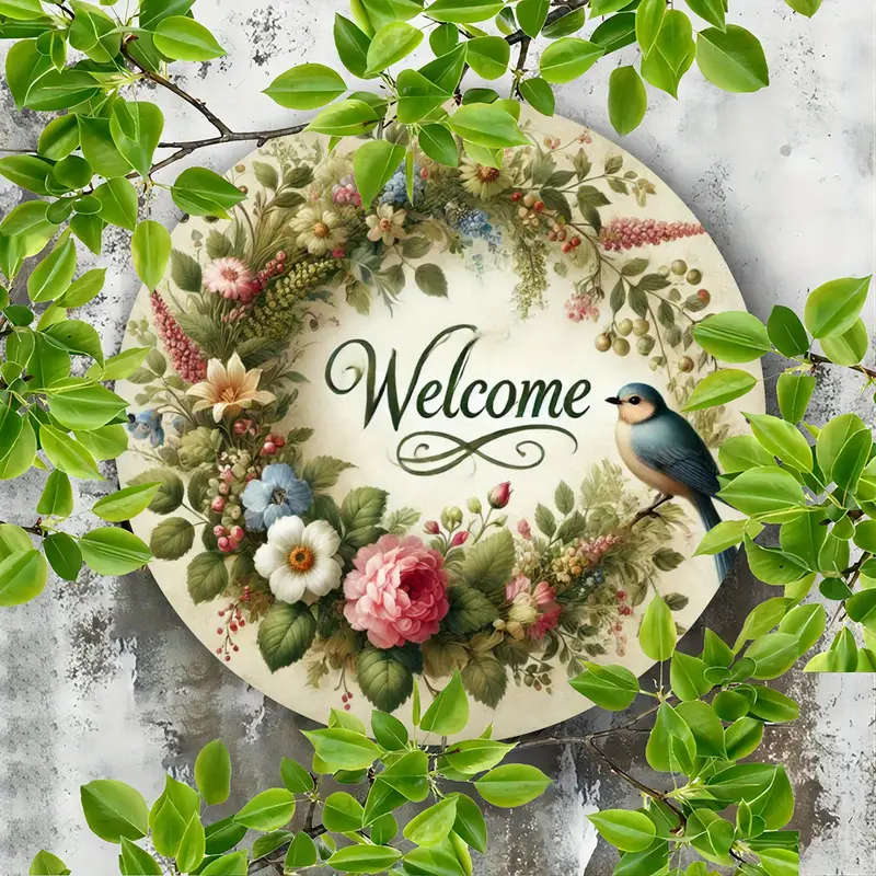 1pc Floral Wreath Welcome Sign Metal Plaque 19.81 cm Decorative Iron Wall Art with Spring Bird Round