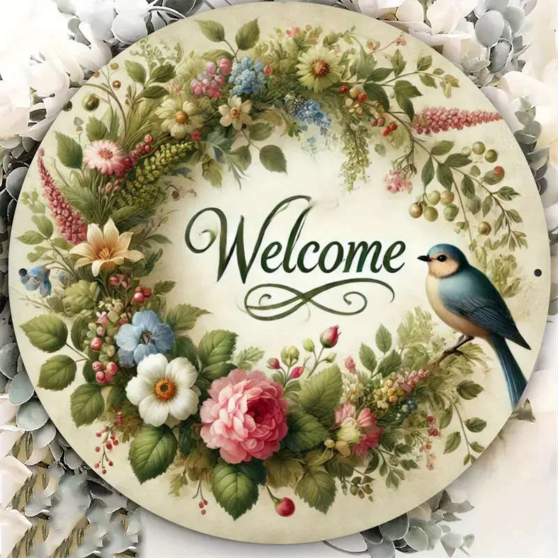 1pc Floral Wreath Welcome Sign Metal Plaque 19.81 cm Decorative Iron Wall Art with Spring Bird Round