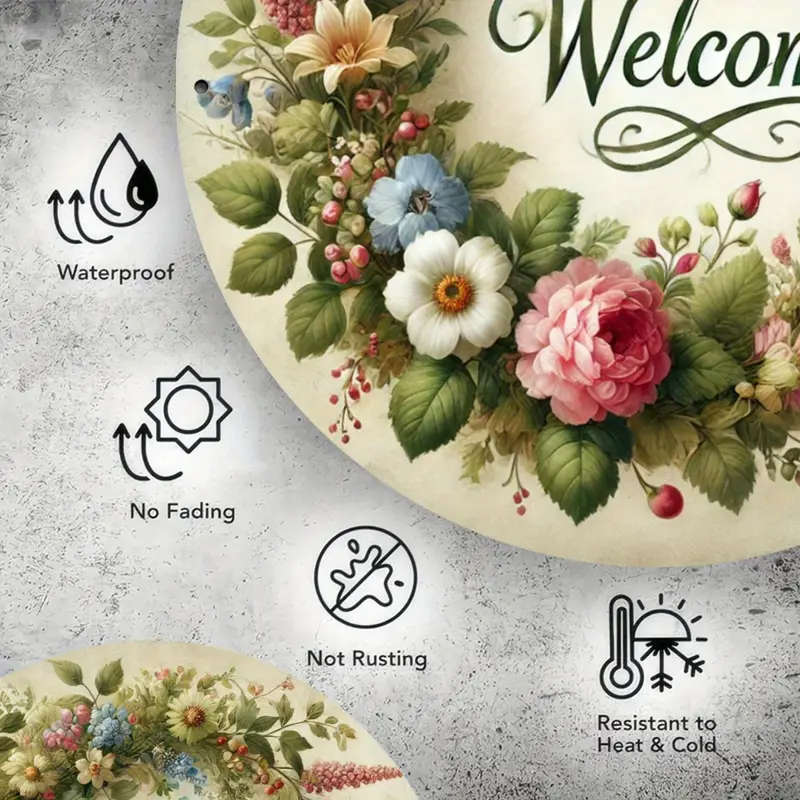 1pc Floral Wreath Welcome Sign Metal Plaque 19.81 cm Decorative Iron Wall Art with Spring Bird Round