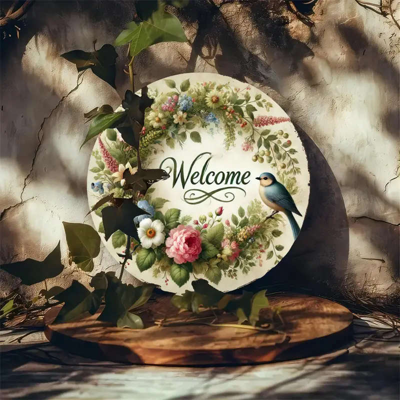 1pc Floral Wreath Welcome Sign Metal Plaque 19.81 cm Decorative Iron Wall Art with Spring Bird Round