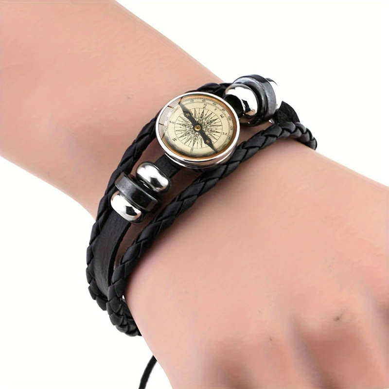 1pc Retro Style Compass Pattern Multi-Layer Artificial Crystal Beaded Faux Leather Men's Adjustable