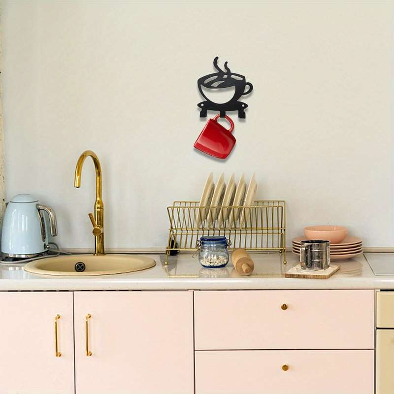 3-Hook Metal Black Coffee Cup Shaped Key Holder Easy Install Wall Mount Rack Casual Style Kitchen