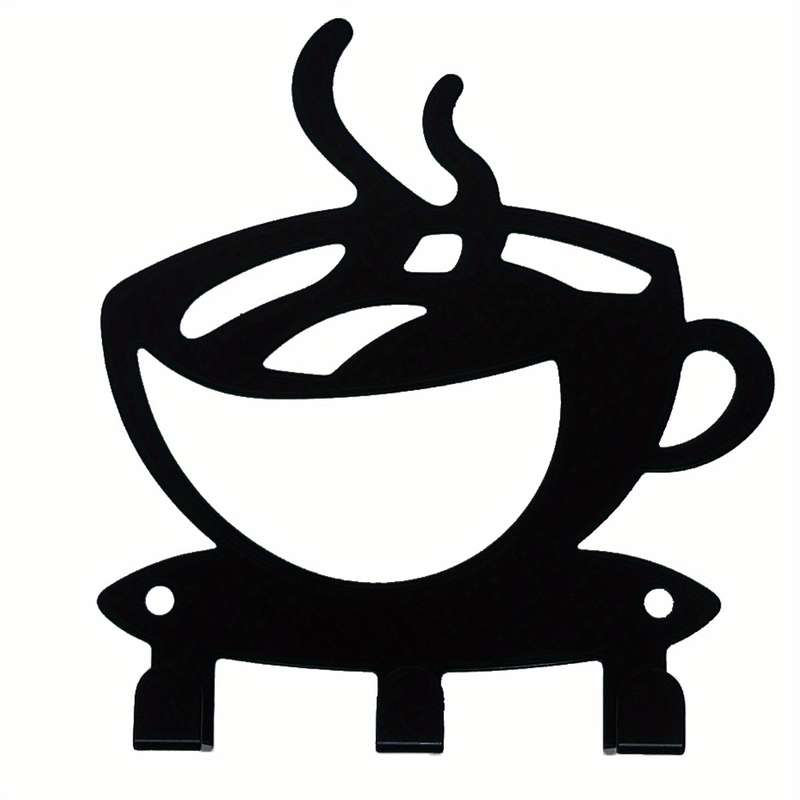 3-Hook Metal Black Coffee Cup Shaped Key Holder Easy Install Wall Mount Rack Casual Style Kitchen