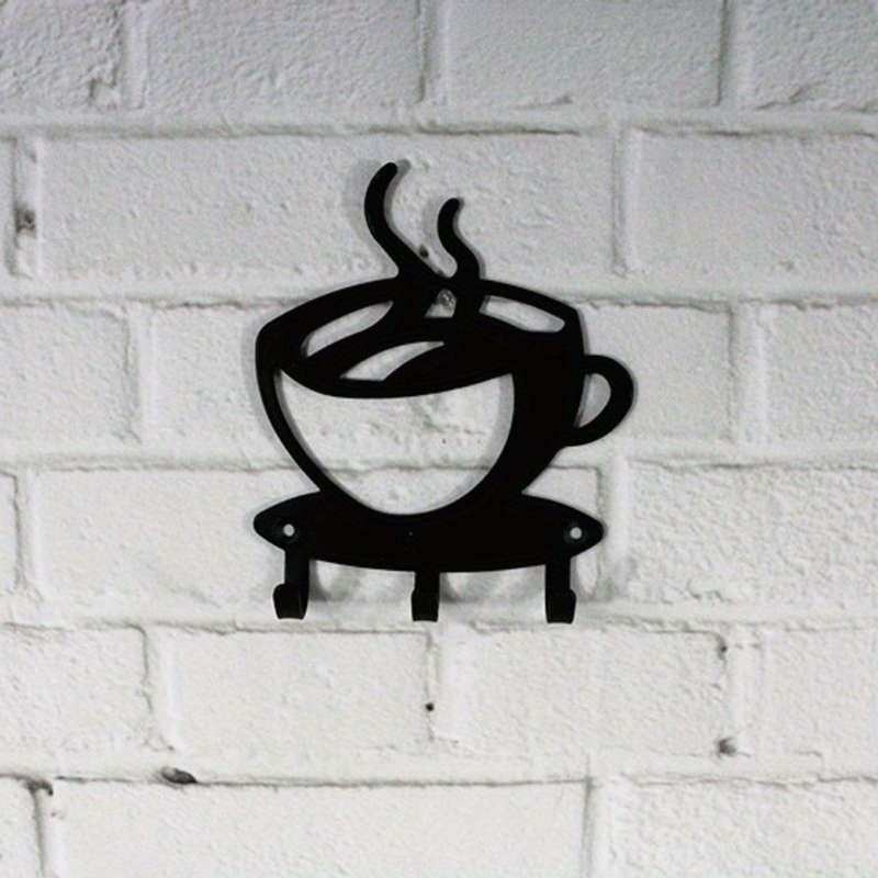 3-Hook Metal Black Coffee Cup Shaped Key Holder Easy Install Wall Mount Rack Casual Style Kitchen