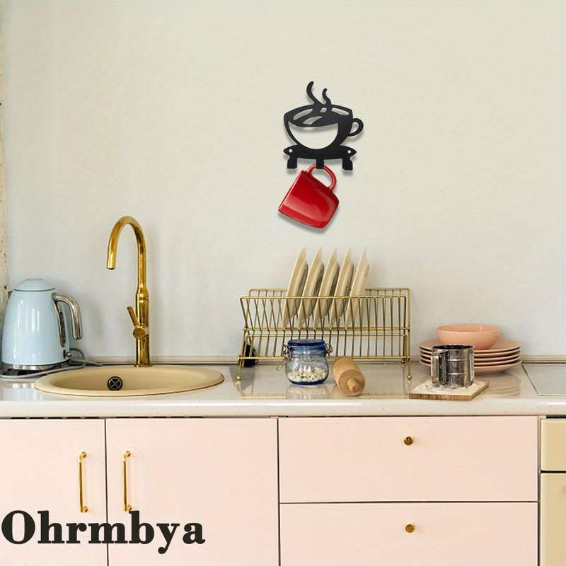 3-Hook Metal Black Coffee Cup Shaped Key Holder Easy Install Wall Mount Rack Casual Style Kitchen