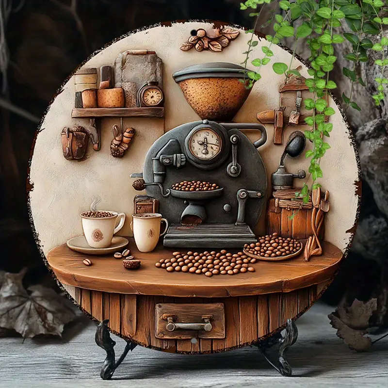 1pc 20x20cm 2D Round Aluminum Metal Sign Coffee Beans and Machine Decorations Metal Signs For Office