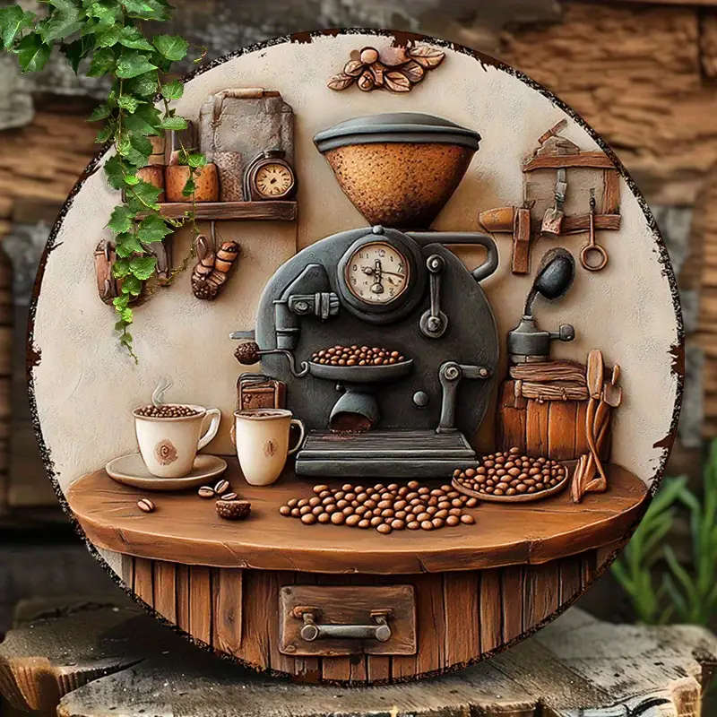 1pc 20x20cm 2D Round Aluminum Metal Sign Coffee Beans and Machine Decorations Metal Signs For Office