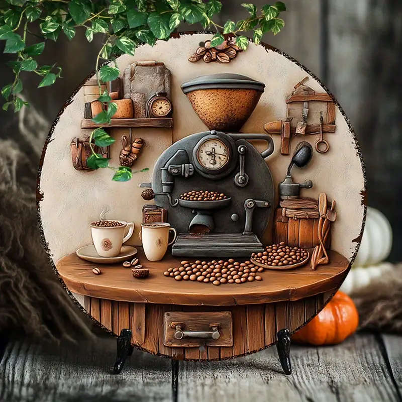 1pc 20x20cm 2D Round Aluminum Metal Sign Coffee Beans and Machine Decorations Metal Signs For Office