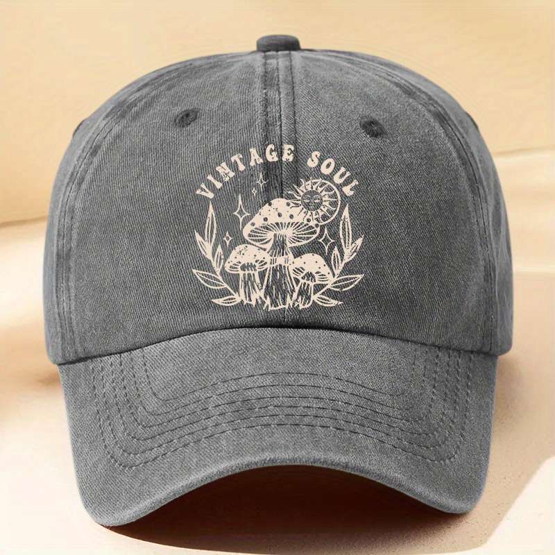 1pc Vintage-Inspired Washed Baseball Cap with Cartoon Mushroom Letter Print Adjustable Lightwe