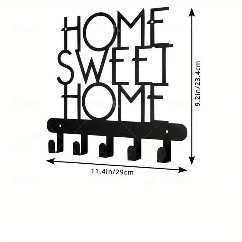 Home Sweet Home" Wall-Mounted Key Holder with 5 HooksDecorative Metal Organizer for Keys Coats