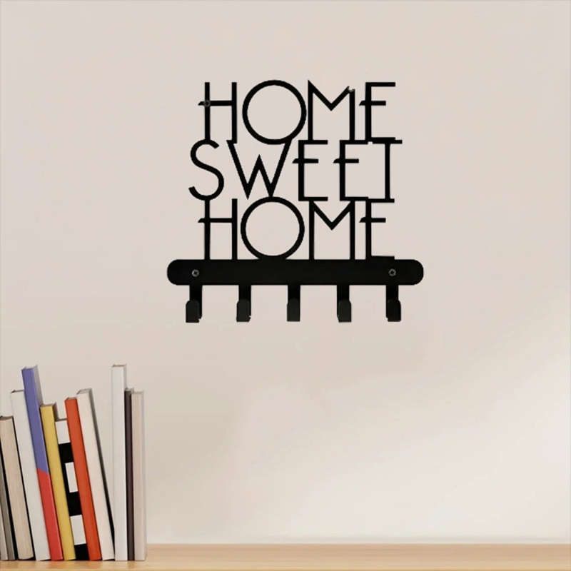 Home Sweet Home" Wall-Mounted Key Holder with 5 HooksDecorative Metal Organizer for Keys Coats