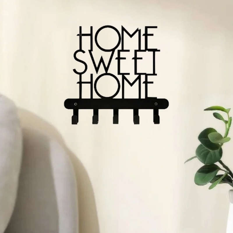 Home Sweet Home" Wall-Mounted Key Holder with 5 HooksDecorative Metal Organizer for Keys Coats