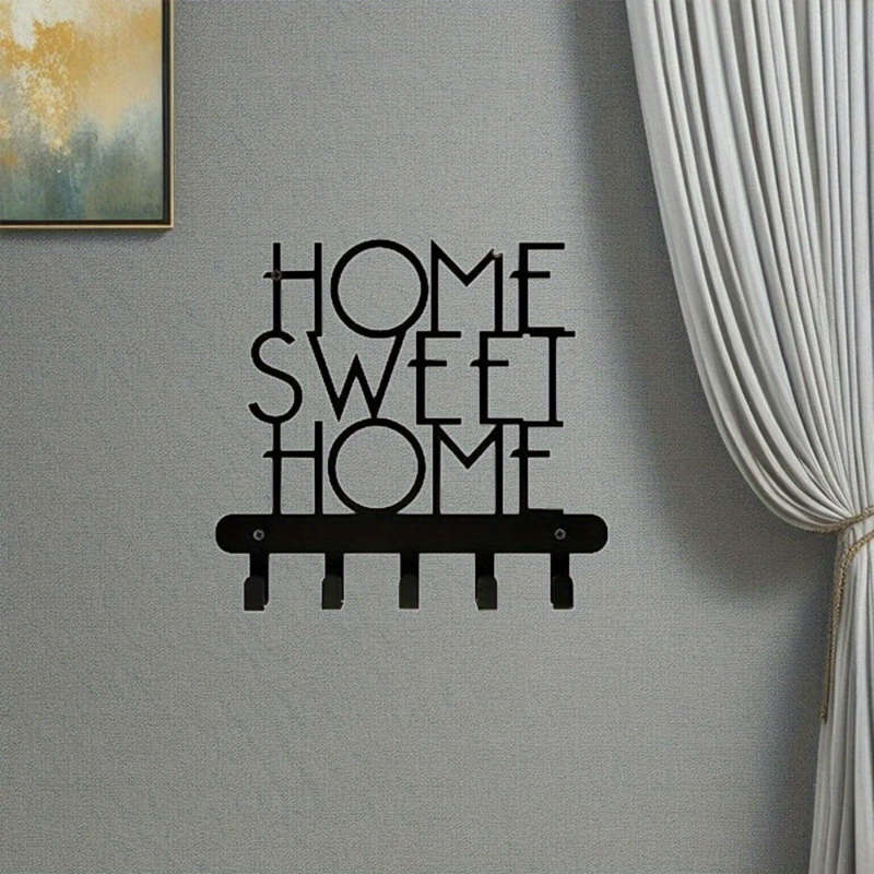 Home Sweet Home" Wall-Mounted Key Holder with 5 HooksDecorative Metal Organizer for Keys Coats